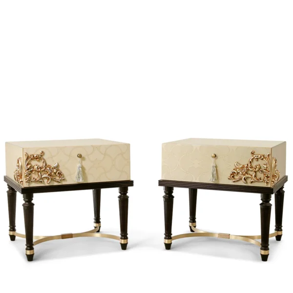 Flora nightstand in solid wood with gold details, luxury Italian craftsmanship.