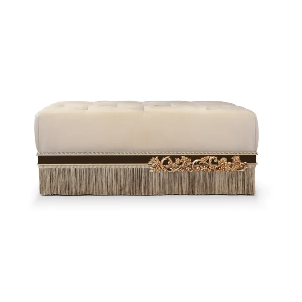 Flora bed-end bench upholstered with fringe and carved wood details, luxury Italian craftsmanship.