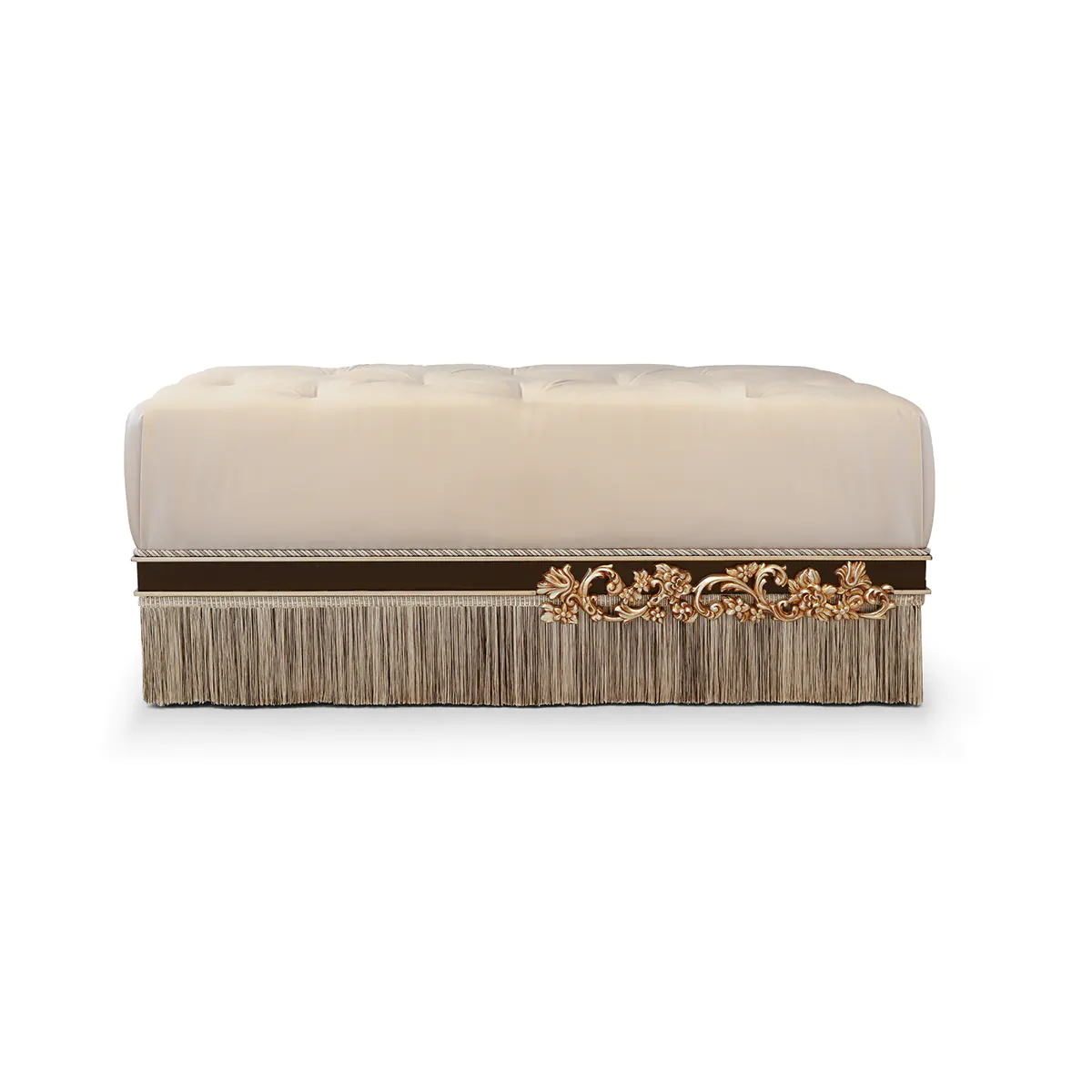 FLORA bench EN Flora bed-end bench upholstered with fringe and carved wood details, luxury Italian craftsmanship.