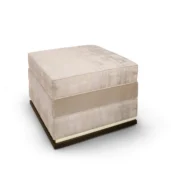 Flora pouf upholstered in beige fabric with wood base, luxury Italian craftsmanship.