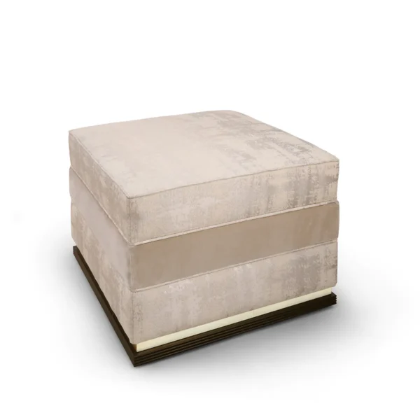 Flora pouf upholstered in beige fabric with wood base, luxury Italian craftsmanship.