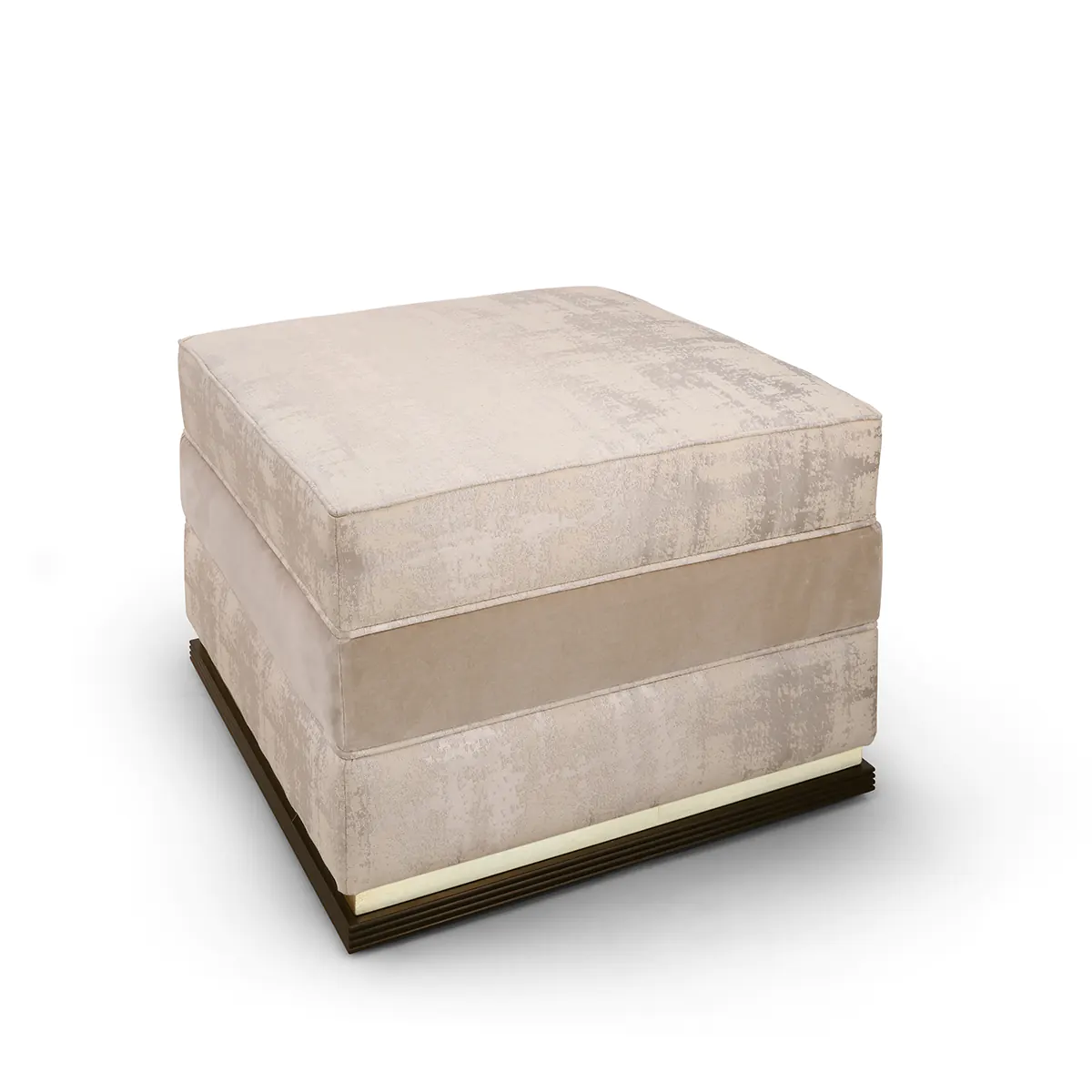 FLORA ottoman EN Flora pouf upholstered in beige fabric with wood base, luxury Italian craftsmanship.