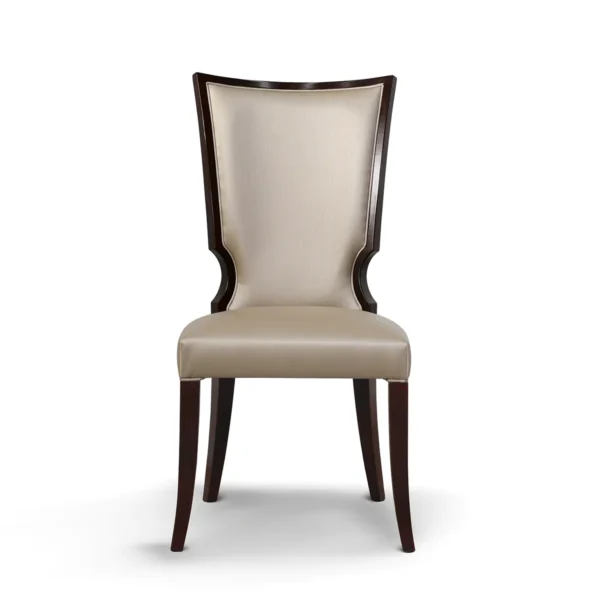 Garment chair upholstered in cream fabric, dark wood frame, Italian craftsmanship.