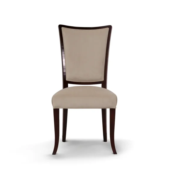 Gramercy chair upholstered in beige fabric, dark wood frame, Italian craftsmanship.