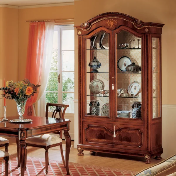 Granducato dining room with hand-carved display cabinet and china set, Italian style.