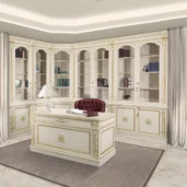 Leonardo modular bookcase in ivory lacquer with gold details, paired with a matching desk, luxury office furniture.