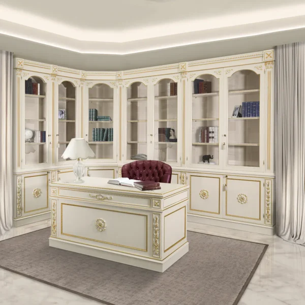 Leonardo modular bookcase in ivory lacquer with gold details, paired with a matching desk, luxury office furniture.