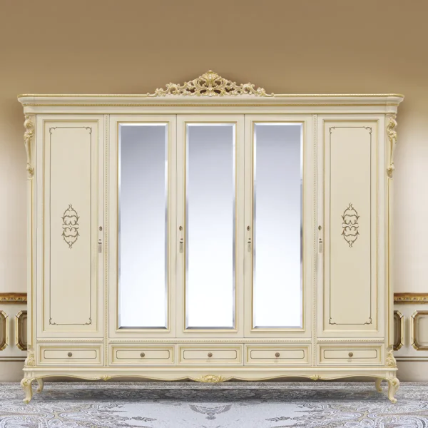 Louvre 5-door wardrobe in carved wood, luxury Italian craftsmanship.
