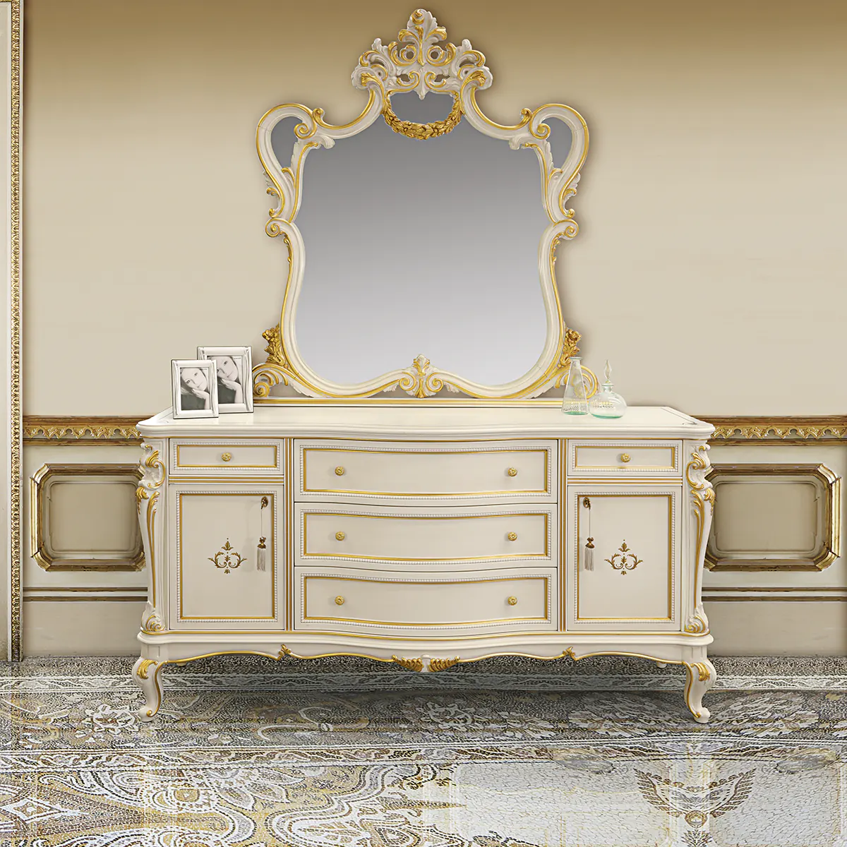 LOUVRE double dresser thumbnail EN Louvre double dresser in baroque style with integrated mirror and gold details, luxury Italian craftsmanship.