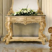 Louvre console table in carved wood with floral motifs, luxury Italian craftsmanship.