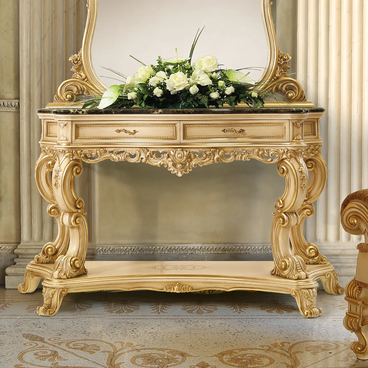 LOUVRE console table thumbnail EN Louvre console table in carved wood with floral motifs, luxury Italian craftsmanship.