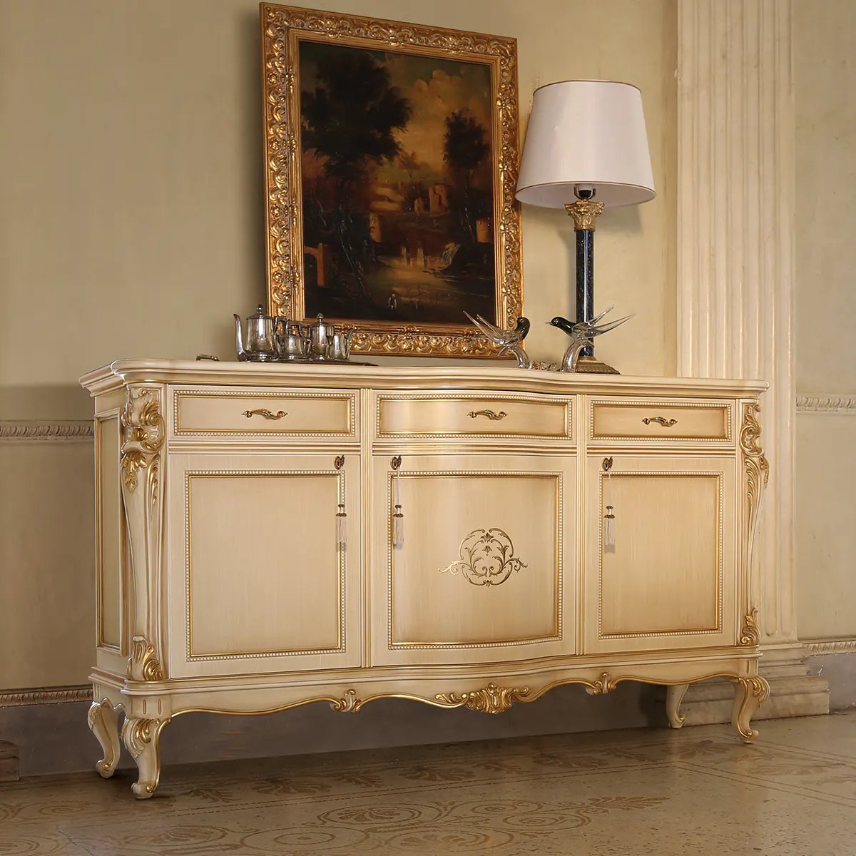 LOUVRE sideboard thumbnail EN Louvre 3-door sideboard in carved wood, luxury Italian craftsmanship.