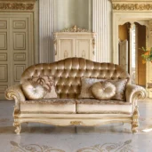 Louvre 2-seat sofa in carved wood with gold upholstery, luxury Italian craftsmanship.