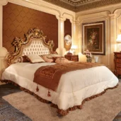 Louvre bed in ash burl veneer with palisander borders, luxury Italian craftsmanship.