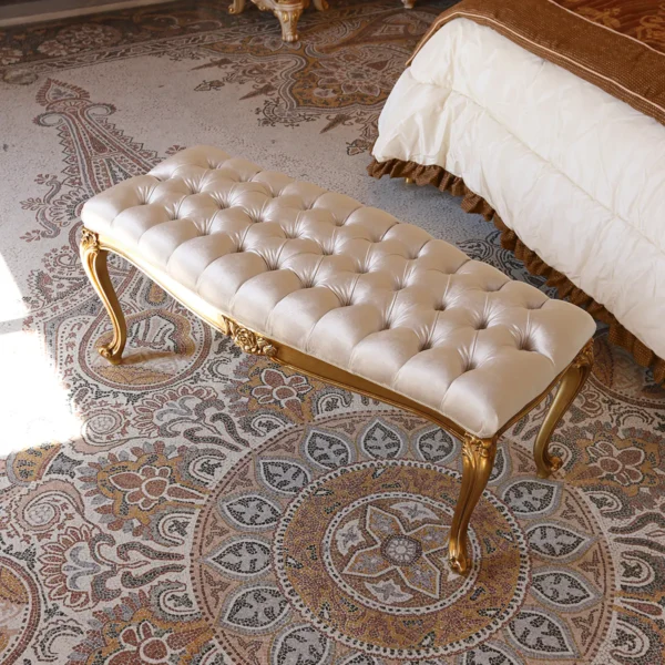 Louvre upholstered bench with cream tufted finish, luxury Italian craftsmanship.