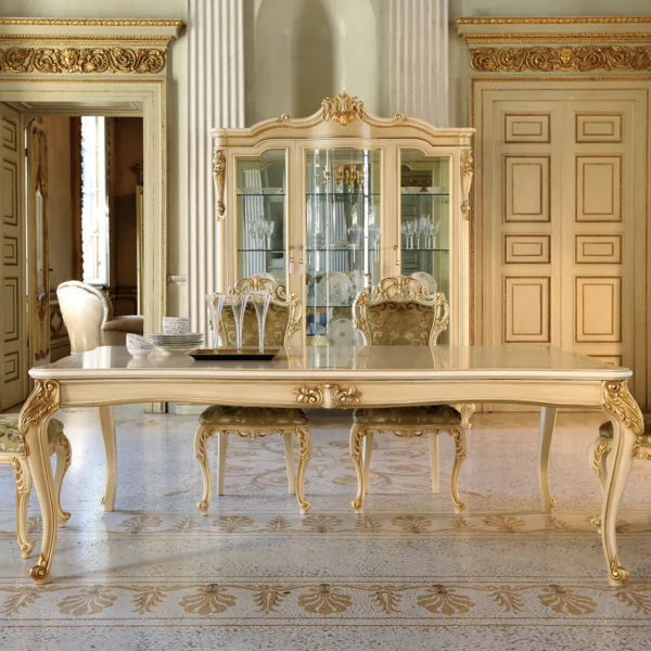 Louvre extendable rectangular table with carved legs, luxury Italian craftsmanship.