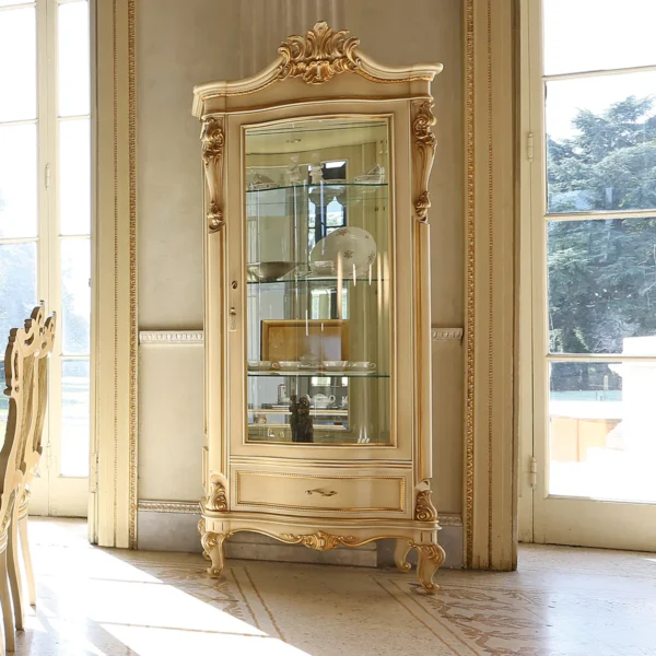 Louvre 1-door display cabinet in carved wood, compact and handcrafted, for showcasing with style.
