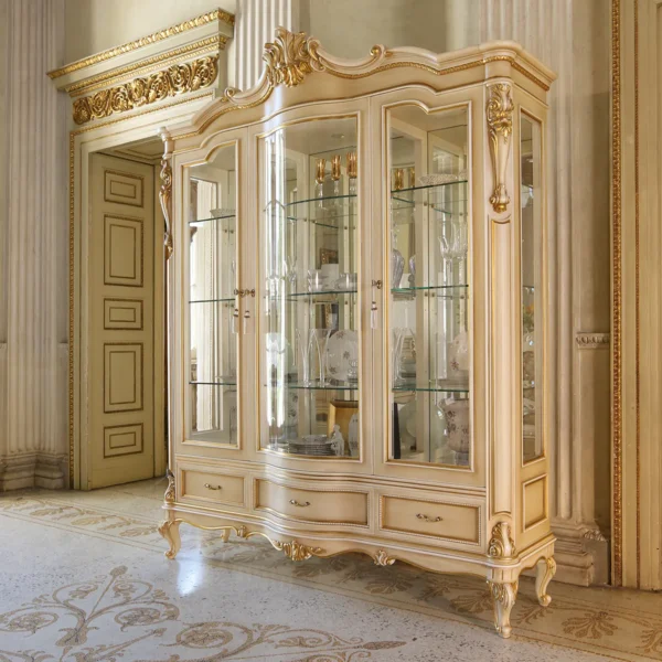 Louvre 3-door display cabinet in carved wood, luxury Italian craftsmanship.