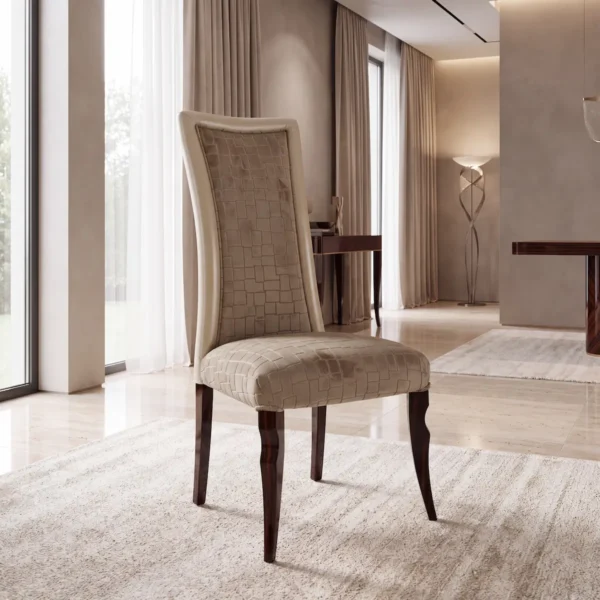 Luxury dining chair with high back, taupe fabric upholstery featuring geometric quilted pattern and ebony wood legs