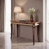 Luxury ebony wood console table with gold-trimmed top, tapered curved legs and ivory geometric inserts, elegant entryway furniture
