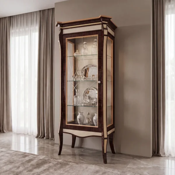 Luxury ebony wood display cabinet with gold finishes, glass doors and ivory woven inserts, high-end classic furniture