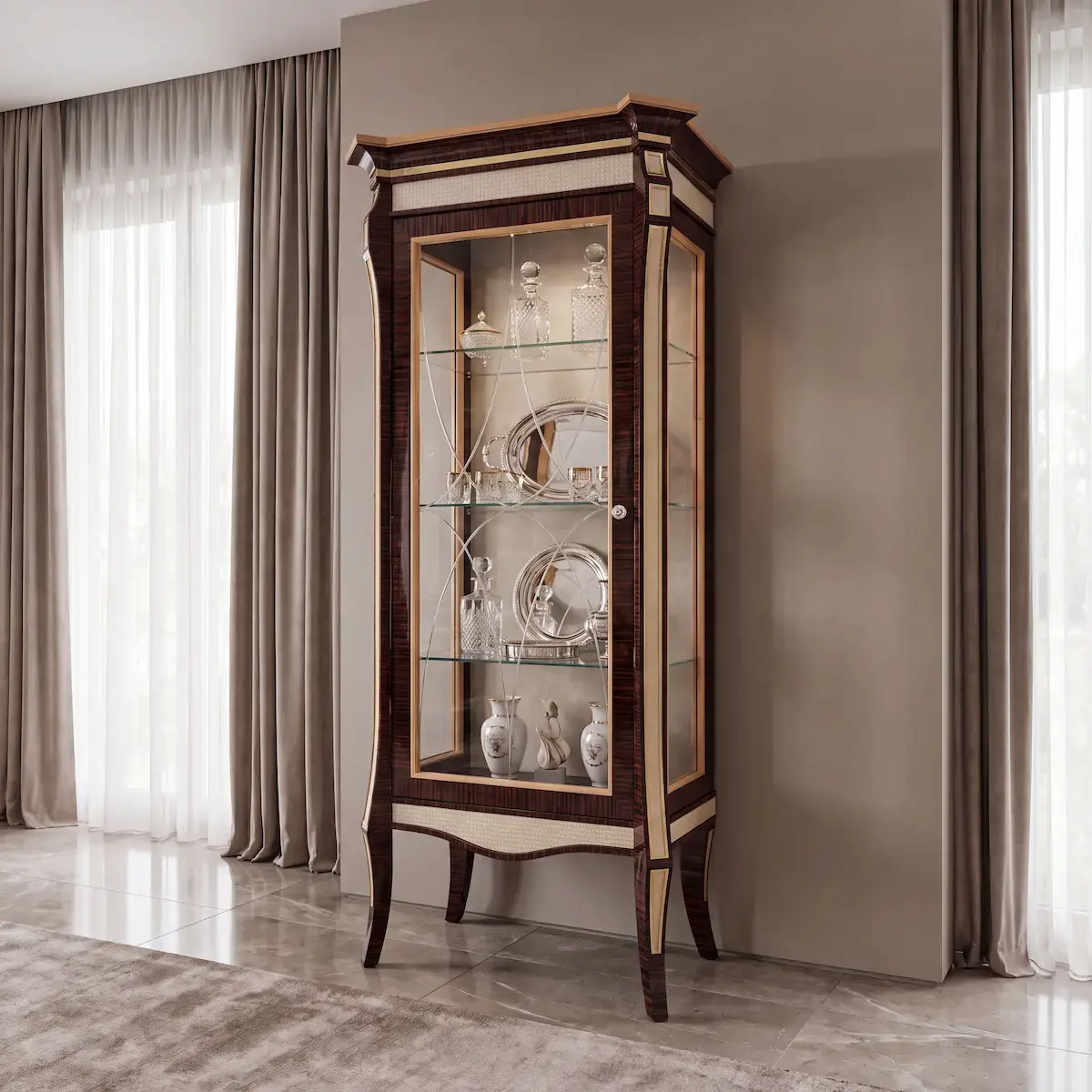 Luxury Ebony Display Cabinet with Gold Details - Neoclassical Style Luxury ebony wood display cabinet with gold finishes, glass doors and ivory woven inserts, high-end classic furniture