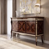 Luxury ebony wood sideboard with four doors featuring geometric gold inlay, brass trim and curved legs, high-end classic dining room furniture