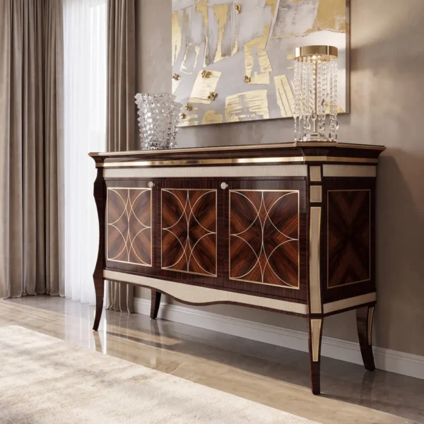 Luxury ebony wood sideboard with four doors featuring geometric gold inlay, brass trim and curved legs, high-end classic dining room furniture
