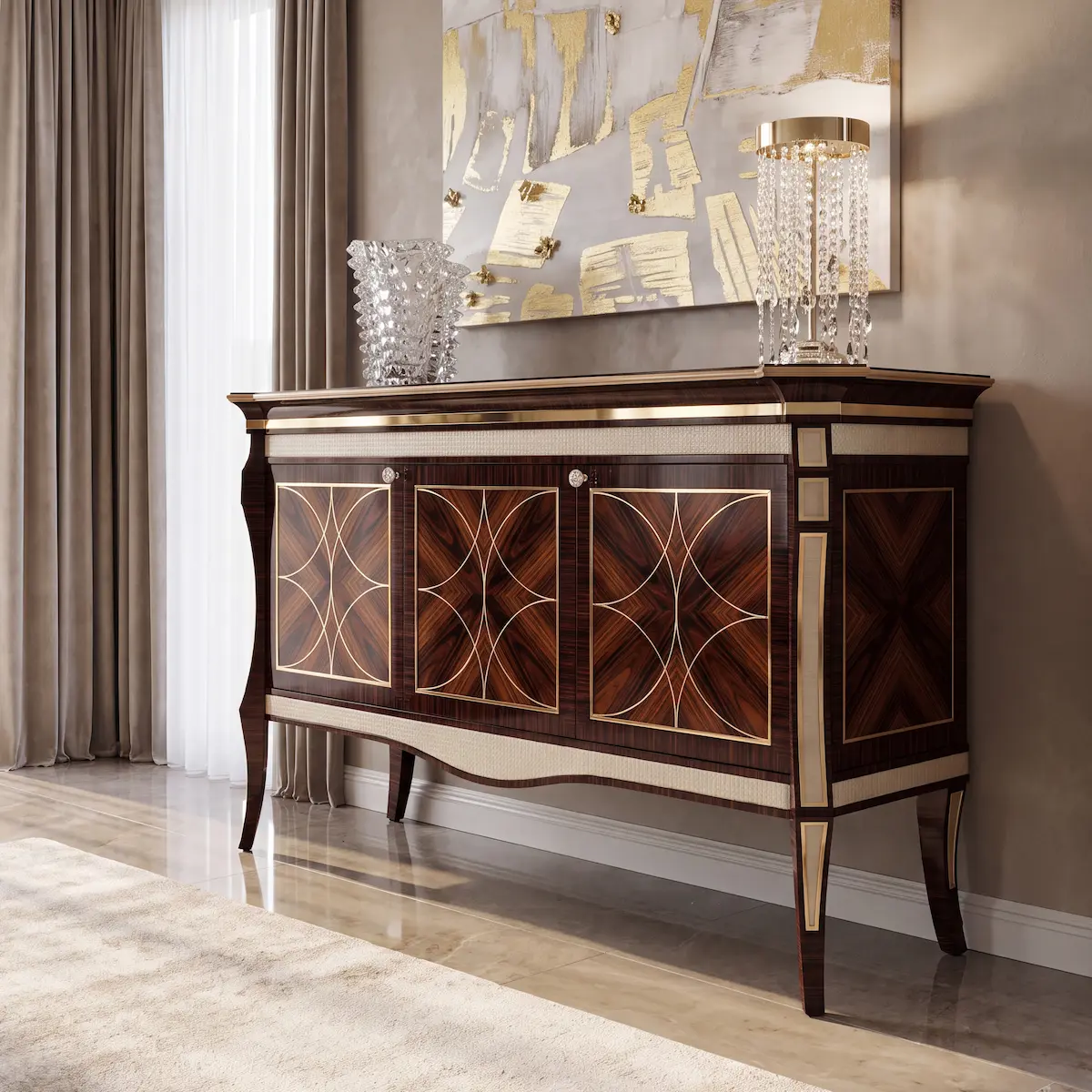 Luxury Ebony Sideboard with Geometric Gold Inlay - Art Deco Style Luxury ebony wood sideboard with four doors featuring geometric gold inlay, brass trim and curved legs, high-end classic dining room furniture