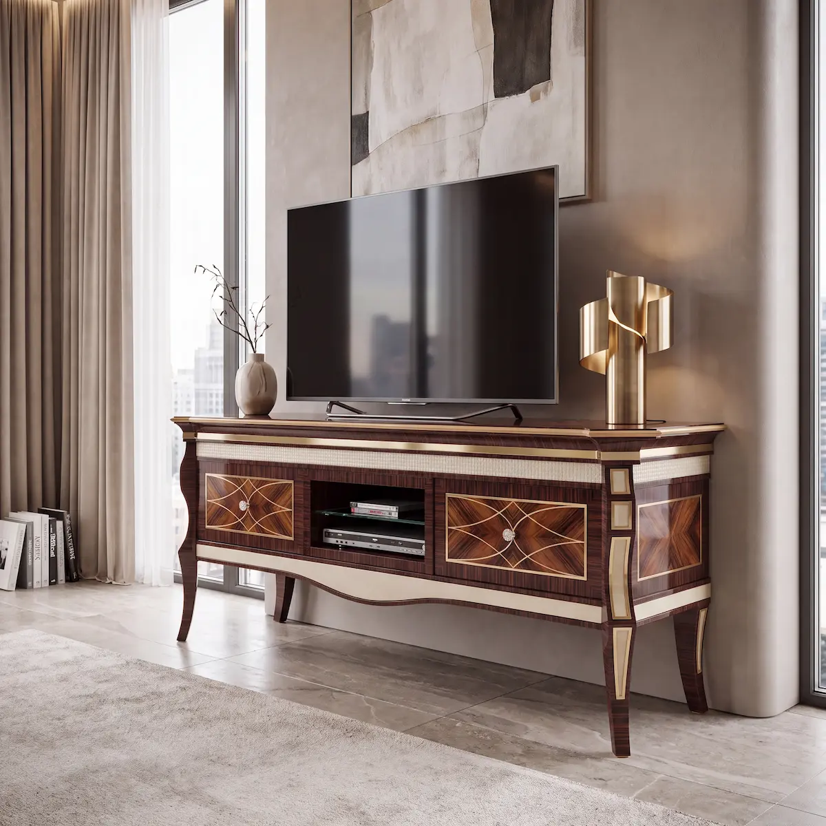 Luxury Italian TV Cabinet with Handcrafted Marquetry Luxury Italian handcrafted TV cabinet featuring fine wood veneers, geometric marquetry, elegant lacquered details and a central media compartment.