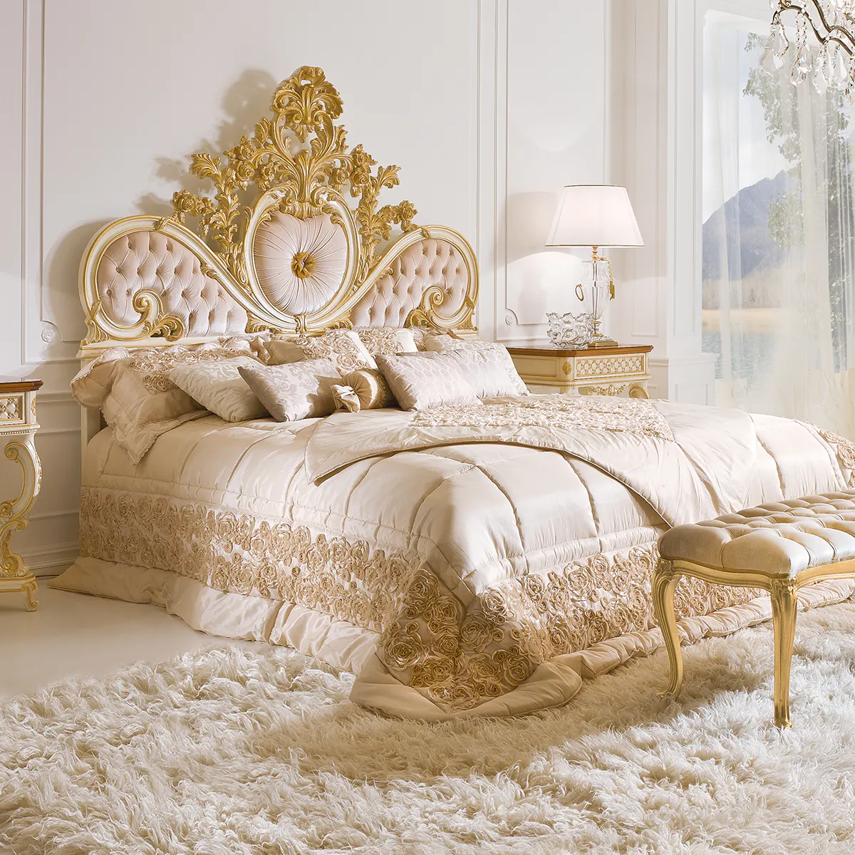 MAGNUM bed thumbnail EN Magnum bed in solid walnut with openwork carving and upholstered headboard, luxury Italian craftsmanship.
