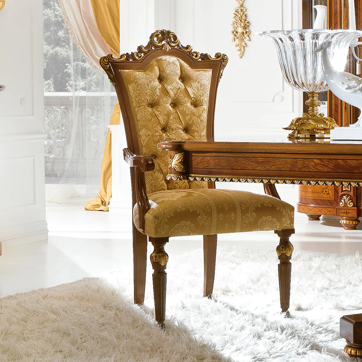 MAGNUM poltroncina thumbnail EN Magnum chair in wood with gold details, luxury Italian craftsmanship.