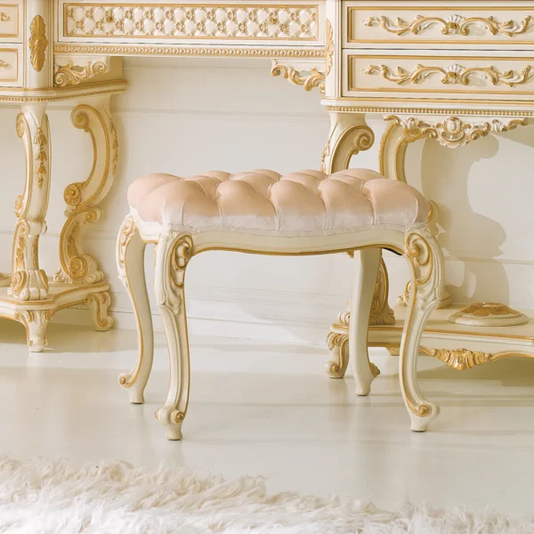 Magnum upholstered pouf with carved legs, luxury Italian craftsmanship.