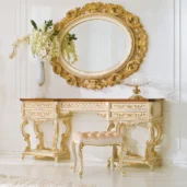 Magnum vanity with gold mirror and matching seat, luxury Italian craftsmanship.