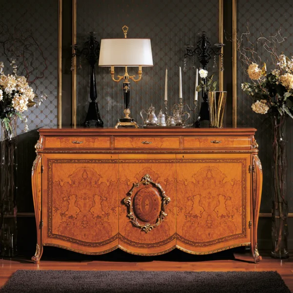 Mondial 3-door sideboard in carved wood, luxury Italian craftsmanship.