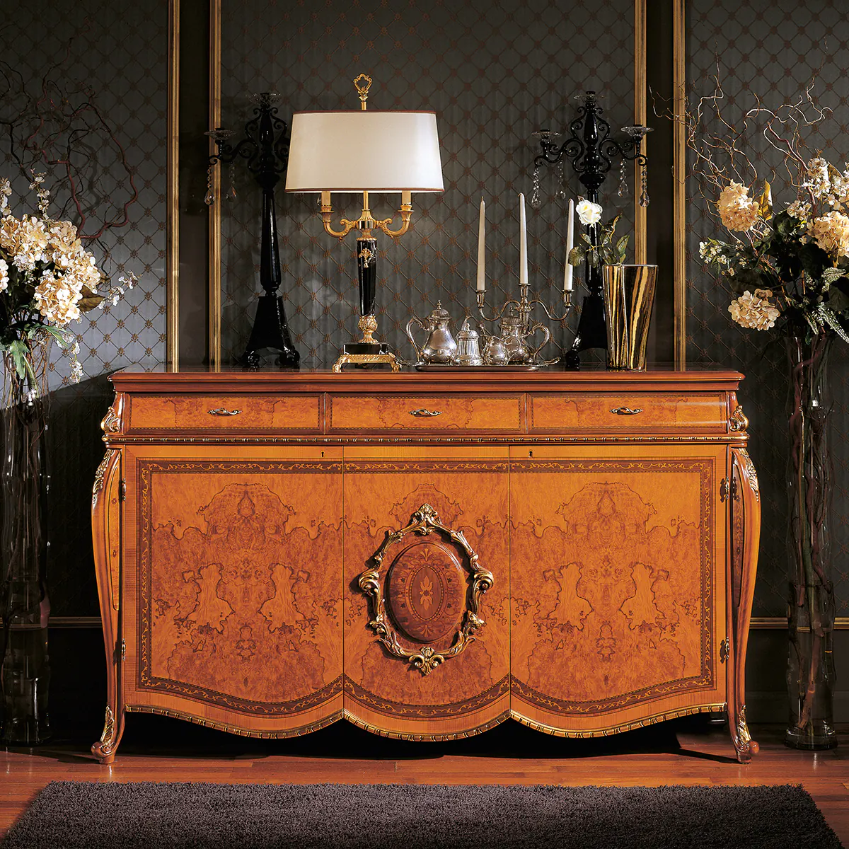 MONDIAL sideboard 3-door thumbnail EN Mondial 3-door sideboard in carved wood, luxury Italian craftsmanship.