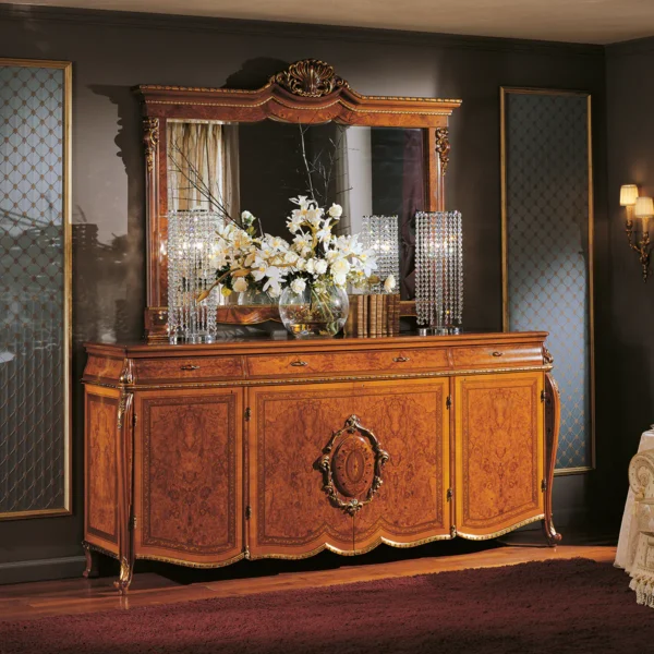 Mondial 4-door sideboard in carved wood, luxury Italian craftsmanship.