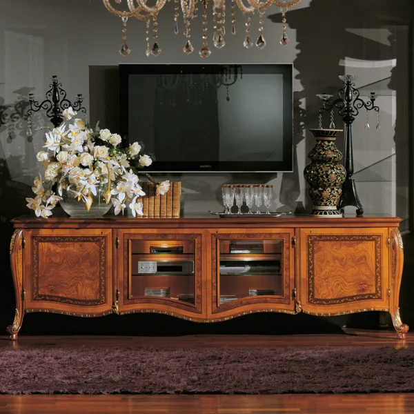 Mondial TV stand in carved wood, luxury Italian craftsmanship.
