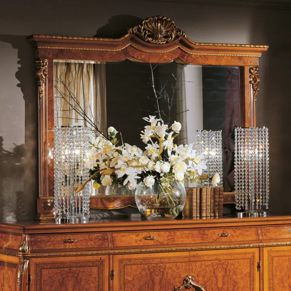 Mondial mirror in carved wood, luxury Italian craftsmanship.