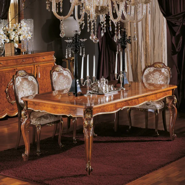 Mondial extendable rectangular table in carved wood, luxury Italian craftsmanship.