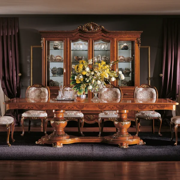 Mondial rectangular table with carved double base, luxury Italian craftsmanship.