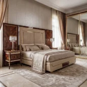 Monte Carlo LUX cream leather armchair with brass trim, luxury living room with wood paneling