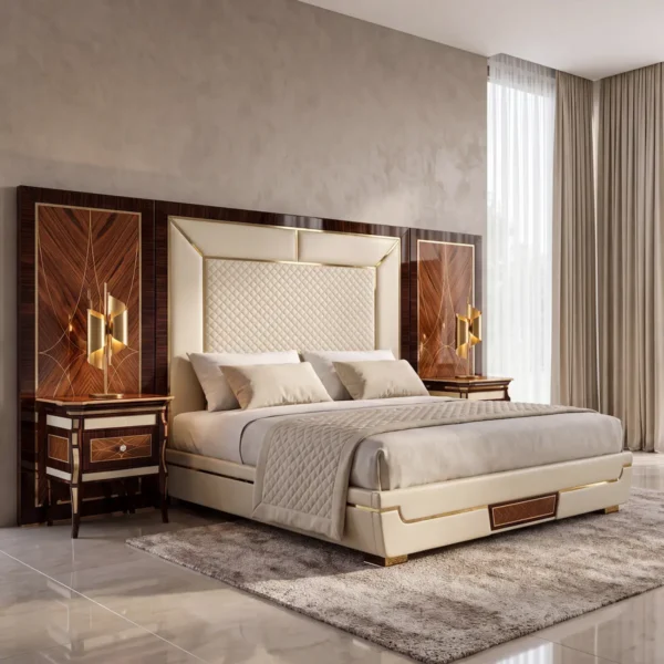 Monte Carlo LUX Bed Monte Carlo LUX upholstered bed with rosewood headboard panels and matching nightstands