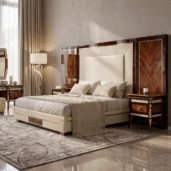 Кровать Monte Carlo LUX с резными панелями рядом с зеркальным шкафом, роскошная спальня