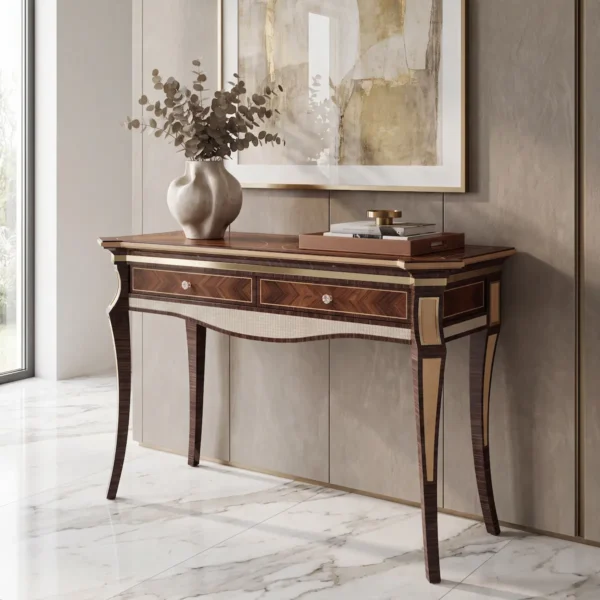 Monte Carlo LUX console table in rosewood veneer with brass trim, luxury Italian entryway