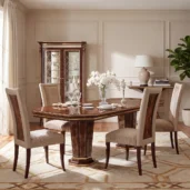 Monte Carlo LUX dining table with double pedestal base beside a bookshelf, luxury dining room