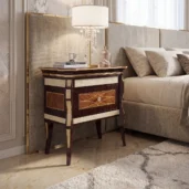 Monte Carlo LUX nightstand in rosewood veneer with brass inlay, crystal table lamp, luxury bedroom