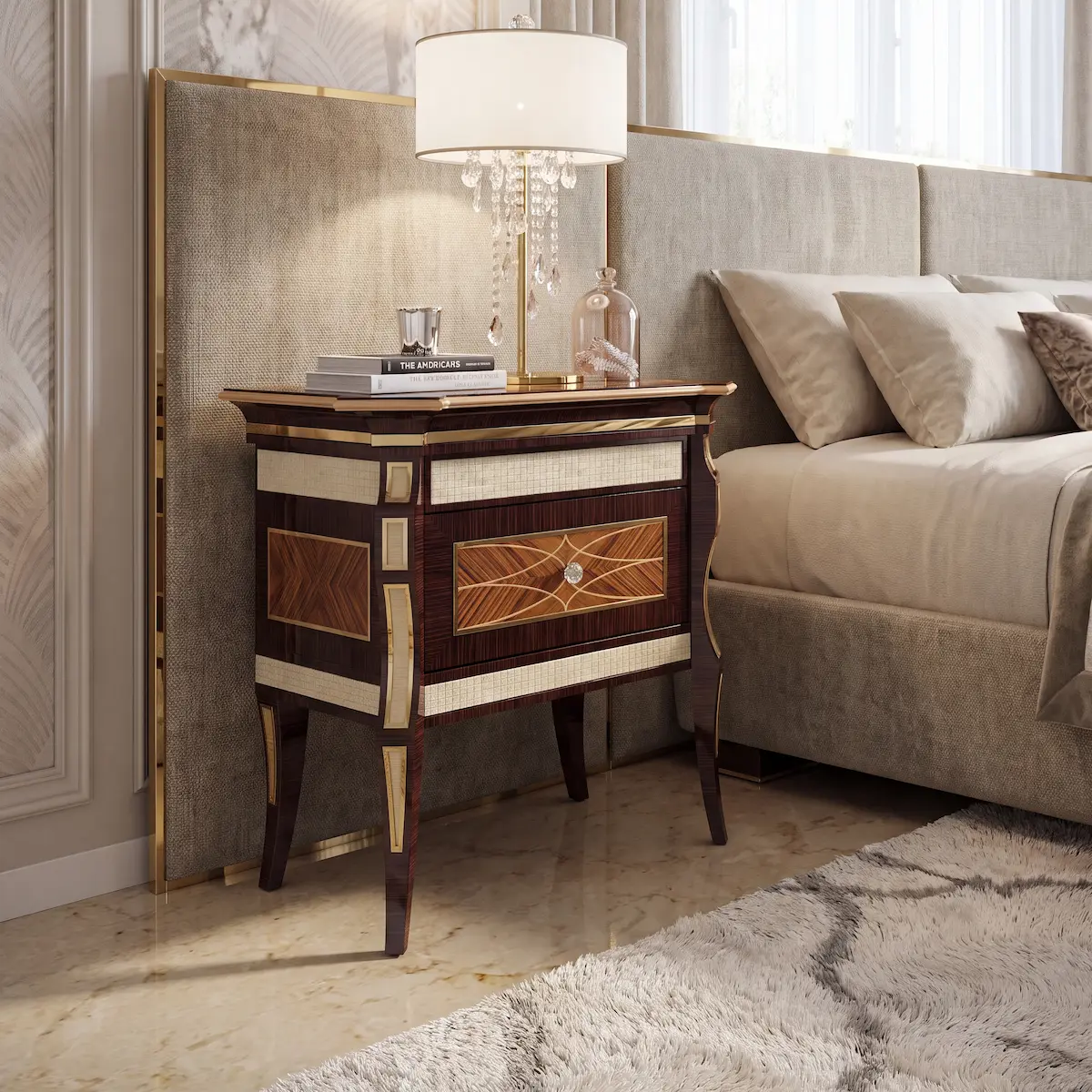 Monte Carlo LUX Nightstand Monte Carlo LUX nightstand in rosewood veneer with brass inlay, crystal table lamp, luxury bedroom