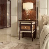 Monte Carlo LUX nightstand beside mirrored wall panels, Italian luxury bedroom furniture