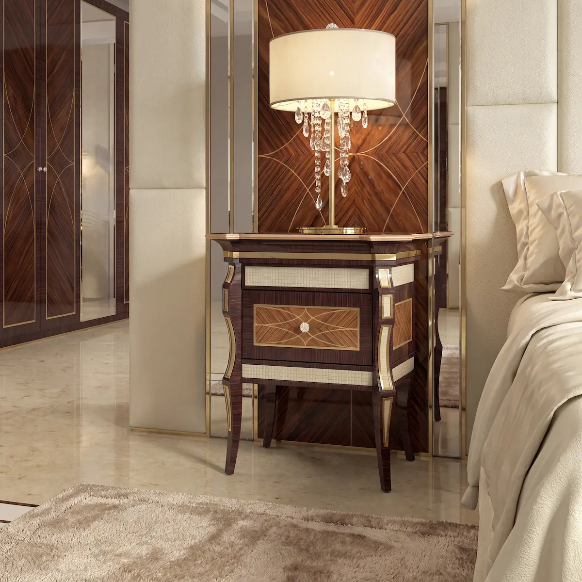 Monte Carlo LUX Nightstand Monte Carlo LUX nightstand beside mirrored wall panels, Italian luxury bedroom furniture